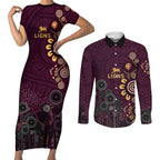 Brisbane Lions Football Couples Matching Short Sleeve Bodycon Dress and Long Sleeve Button Shirt Aboriginal Dot and Spiral Art