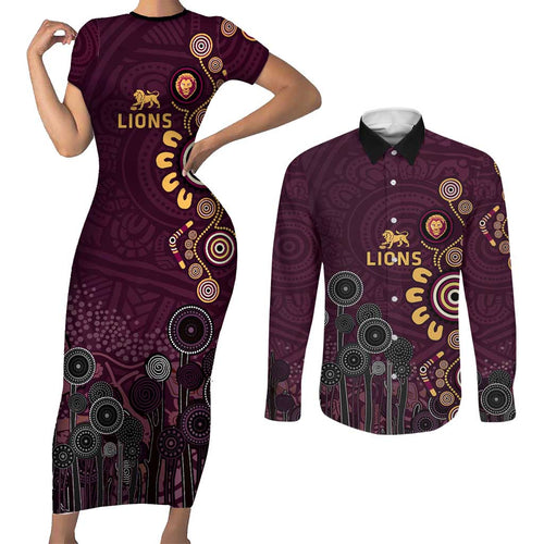 Brisbane Lions Football Couples Matching Short Sleeve Bodycon Dress and Long Sleeve Button Shirt Aboriginal Dot and Spiral Art
