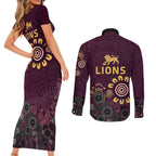 Brisbane Lions Football Couples Matching Short Sleeve Bodycon Dress and Long Sleeve Button Shirt Aboriginal Dot and Spiral Art