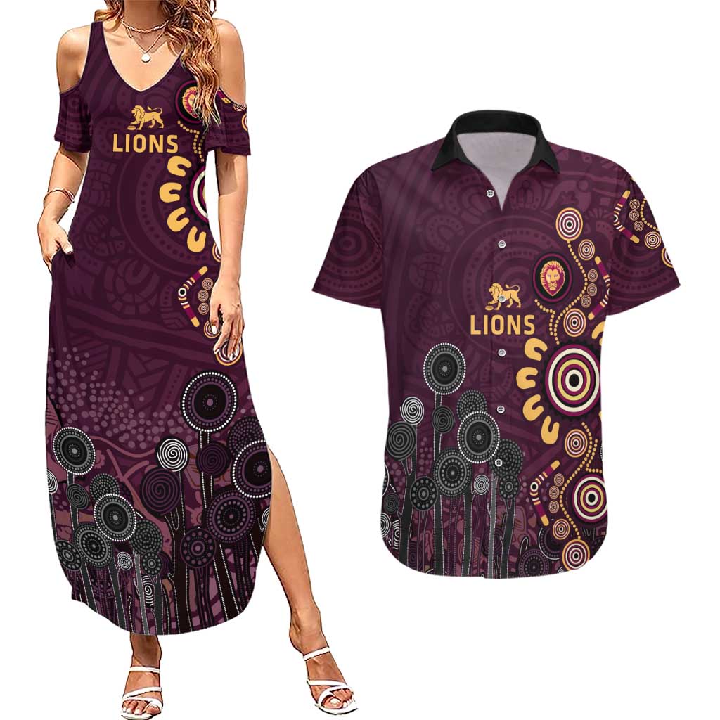 Brisbane Lions Football Couples Matching Summer Maxi Dress and Hawaiian Shirt Aboriginal Dot and Spiral Art