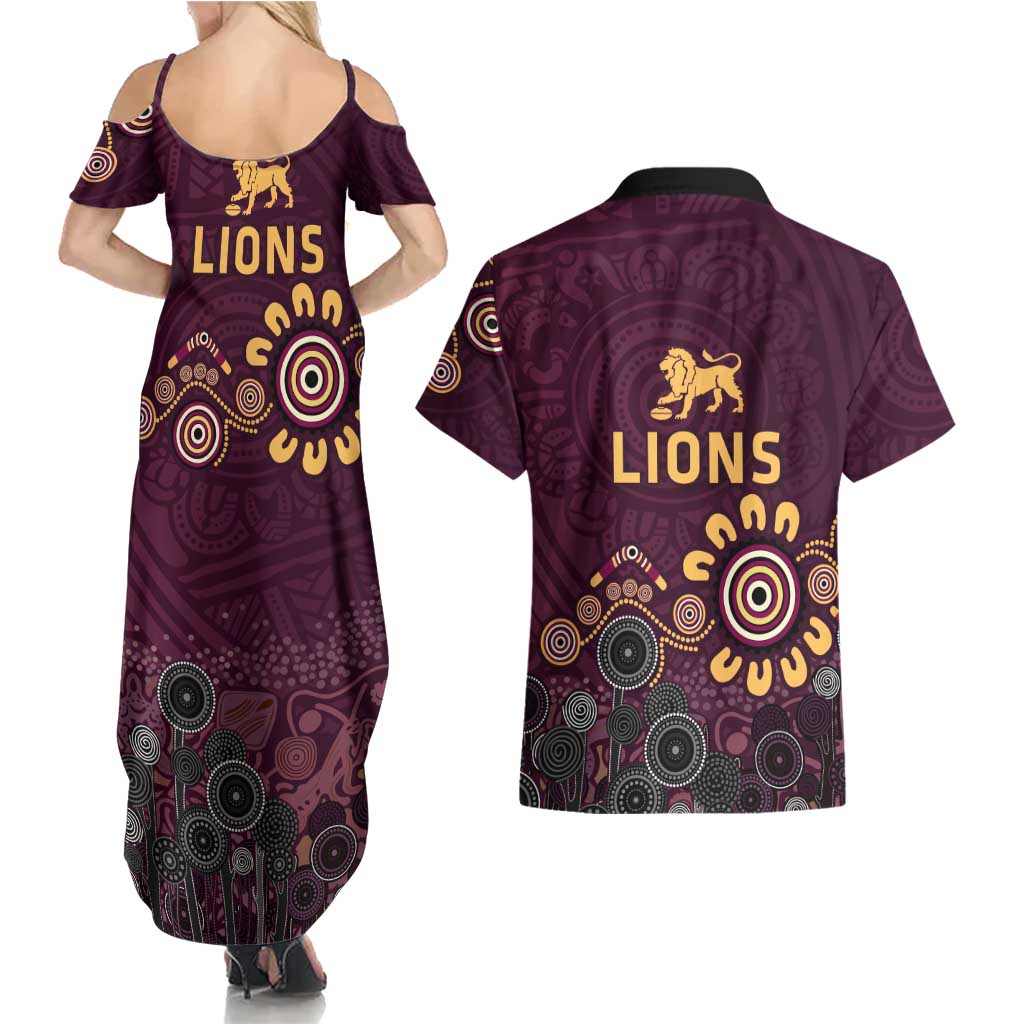 Brisbane Lions Football Couples Matching Summer Maxi Dress and Hawaiian Shirt Aboriginal Dot and Spiral Art