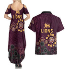 Brisbane Lions Football Couples Matching Summer Maxi Dress and Hawaiian Shirt Aboriginal Dot and Spiral Art