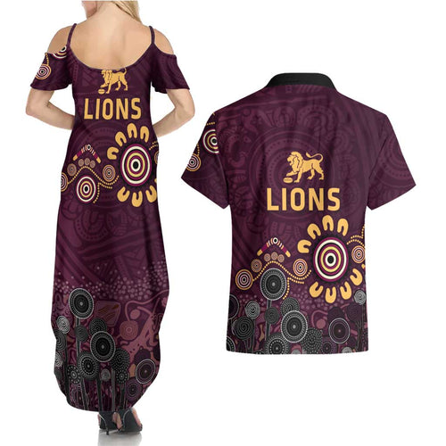 Brisbane Lions Football Couples Matching Summer Maxi Dress and Hawaiian Shirt Aboriginal Dot and Spiral Art