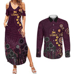 Brisbane Lions Football Couples Matching Summer Maxi Dress and Long Sleeve Button Shirt Aboriginal Dot and Spiral Art