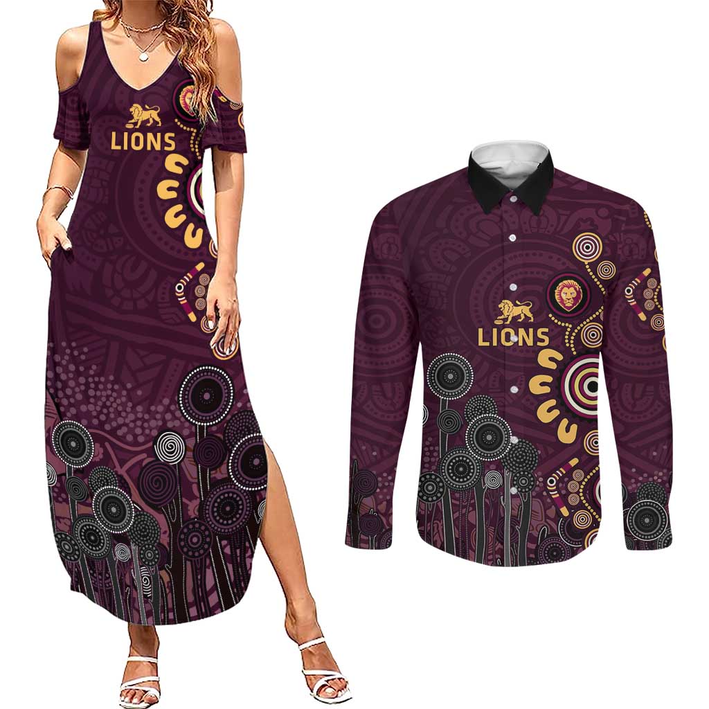 Brisbane Lions Football Couples Matching Summer Maxi Dress and Long Sleeve Button Shirt Aboriginal Dot and Spiral Art