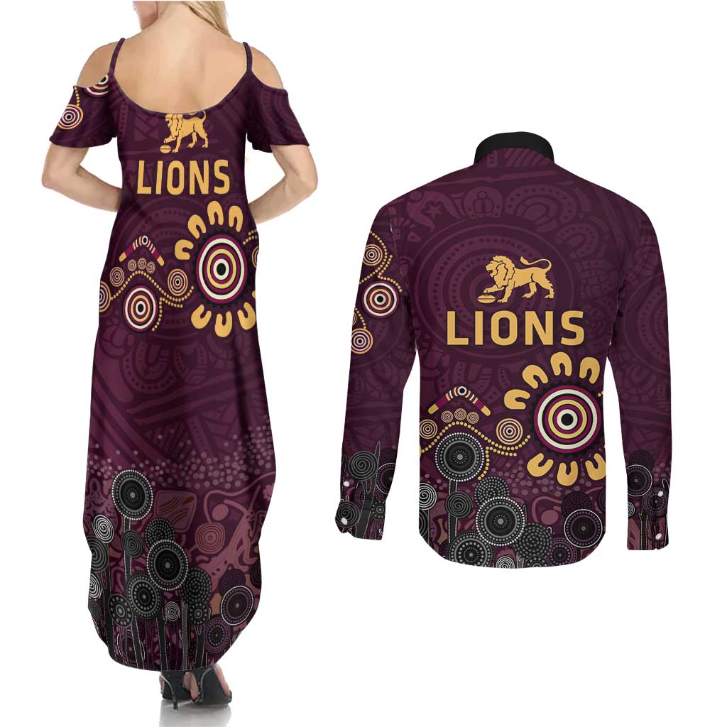 Brisbane Lions Football Couples Matching Summer Maxi Dress and Long Sleeve Button Shirt Aboriginal Dot and Spiral Art