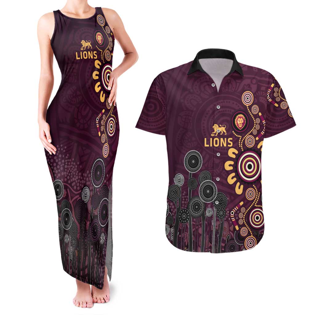 Brisbane Lions Football Couples Matching Tank Maxi Dress and Hawaiian Shirt Aboriginal Dot and Spiral Art