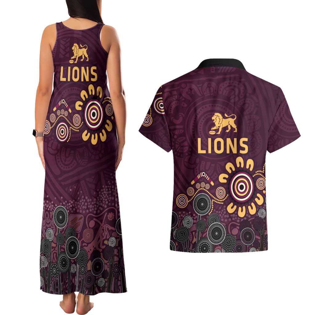Brisbane Lions Football Couples Matching Tank Maxi Dress and Hawaiian Shirt Aboriginal Dot and Spiral Art