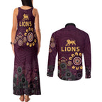 Brisbane Lions Football Couples Matching Tank Maxi Dress and Long Sleeve Button Shirt Aboriginal Dot and Spiral Art