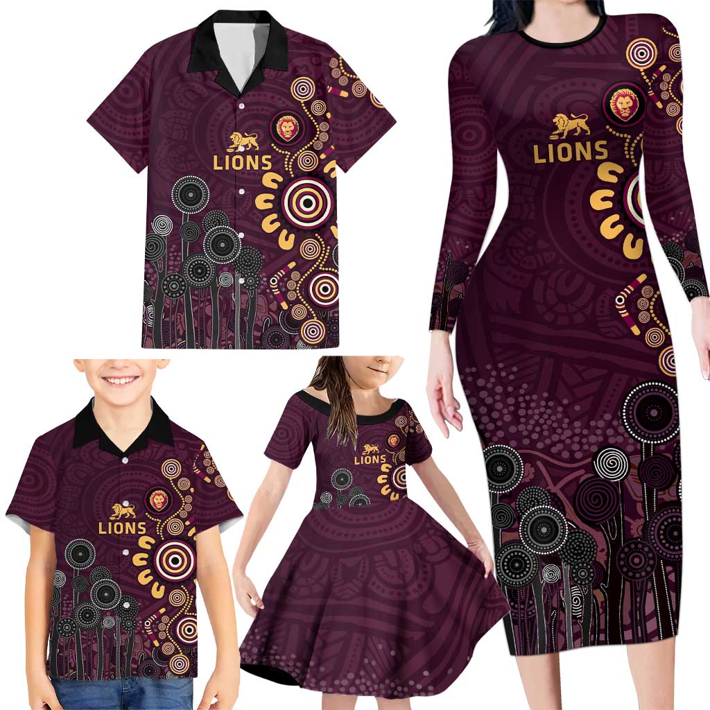Brisbane Lions Football Family Matching Long Sleeve Bodycon Dress and Hawaiian Shirt Aboriginal Dot and Spiral Art