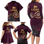 Brisbane Lions Football Family Matching Long Sleeve Bodycon Dress and Hawaiian Shirt Aboriginal Dot and Spiral Art