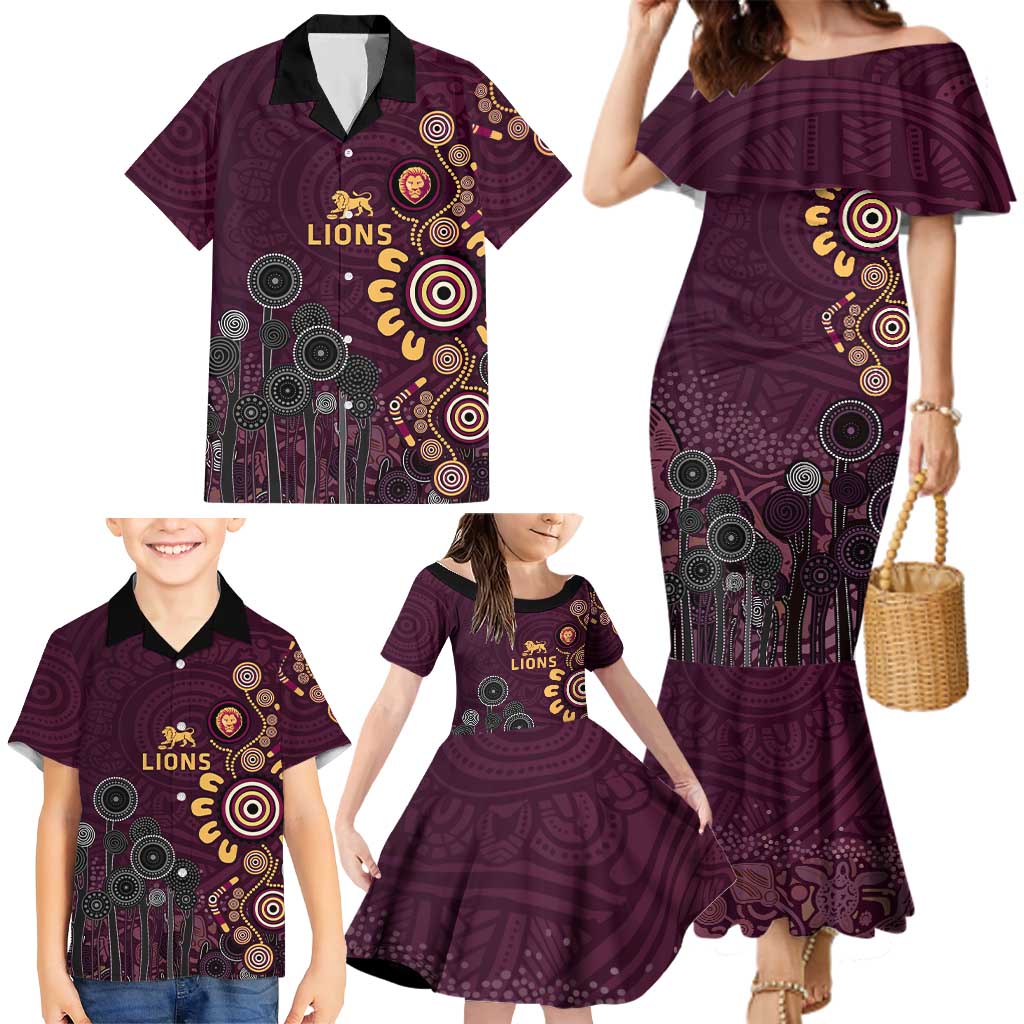 Brisbane Lions Football Family Matching Mermaid Dress and Hawaiian Shirt Aboriginal Dot and Spiral Art