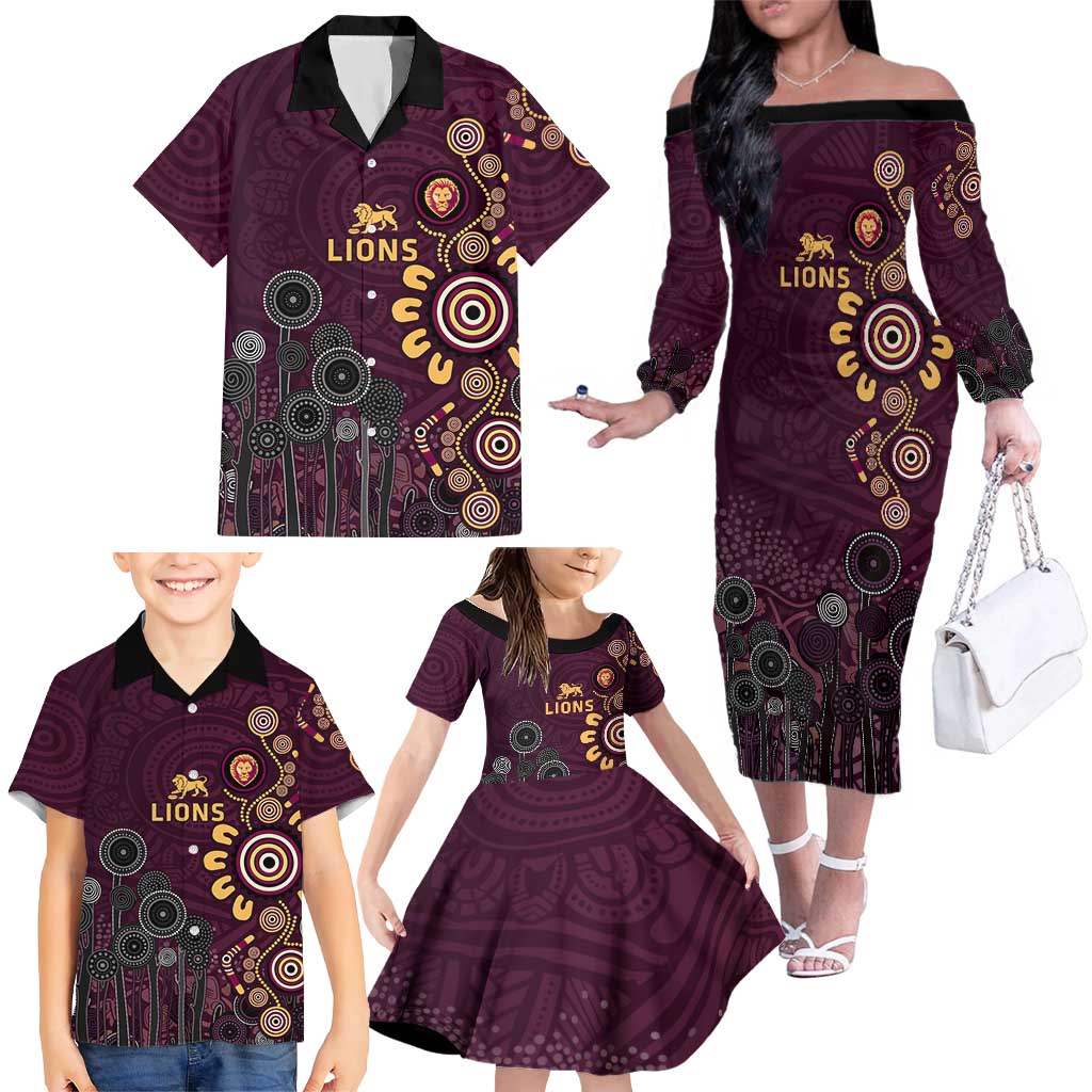 Brisbane Lions Football Family Matching Off The Shoulder Long Sleeve Dress and Hawaiian Shirt Aboriginal Dot and Spiral Art