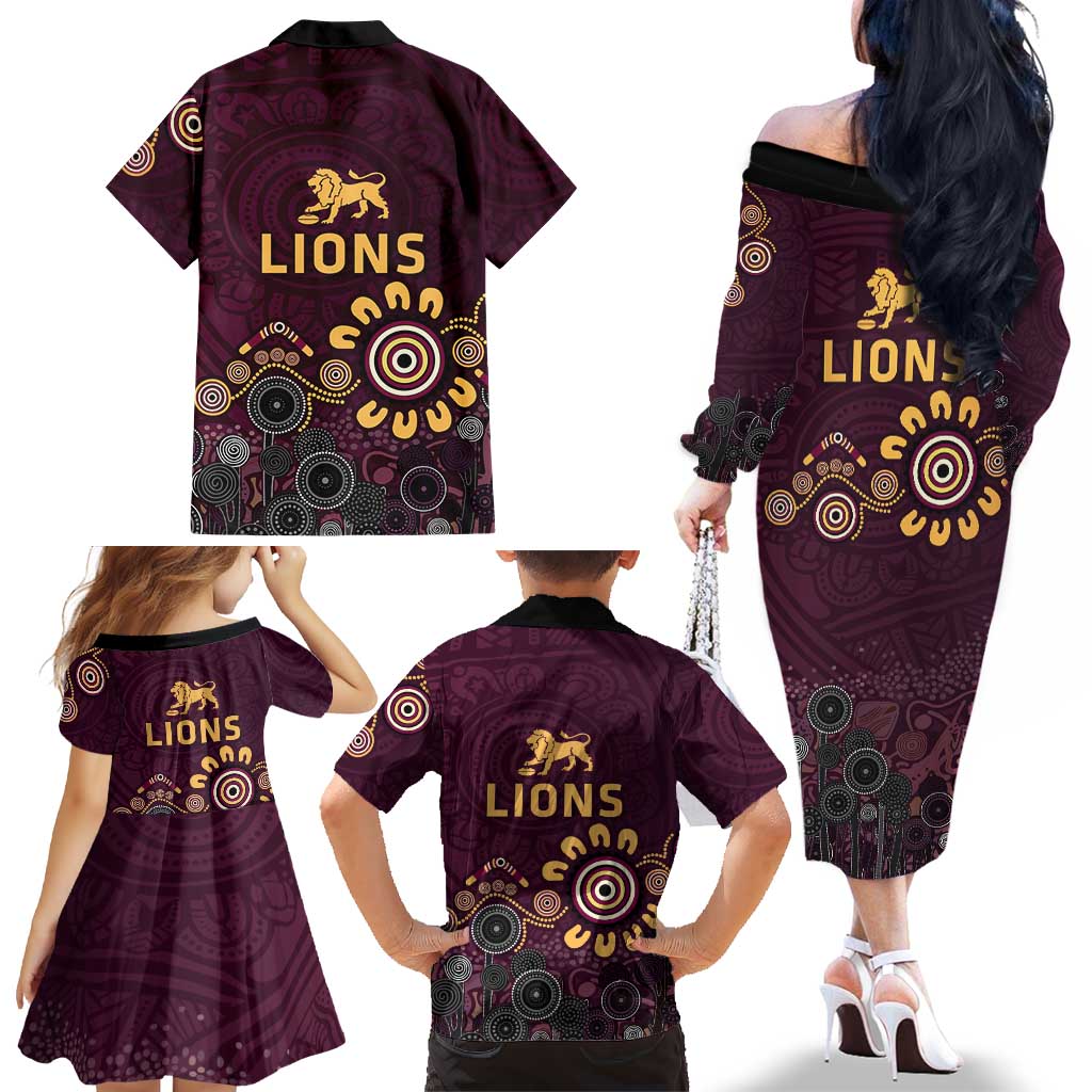 Brisbane Lions Football Family Matching Off The Shoulder Long Sleeve Dress and Hawaiian Shirt Aboriginal Dot and Spiral Art