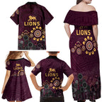 Brisbane Lions Football Family Matching Off Shoulder Maxi Dress and Hawaiian Shirt Aboriginal Dot and Spiral Art