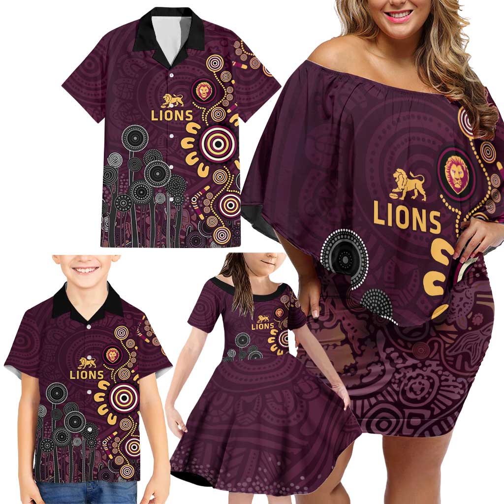 Brisbane Lions Football Family Matching Off Shoulder Short Dress and Hawaiian Shirt Aboriginal Dot and Spiral Art