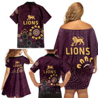 Brisbane Lions Football Family Matching Off Shoulder Short Dress and Hawaiian Shirt Aboriginal Dot and Spiral Art