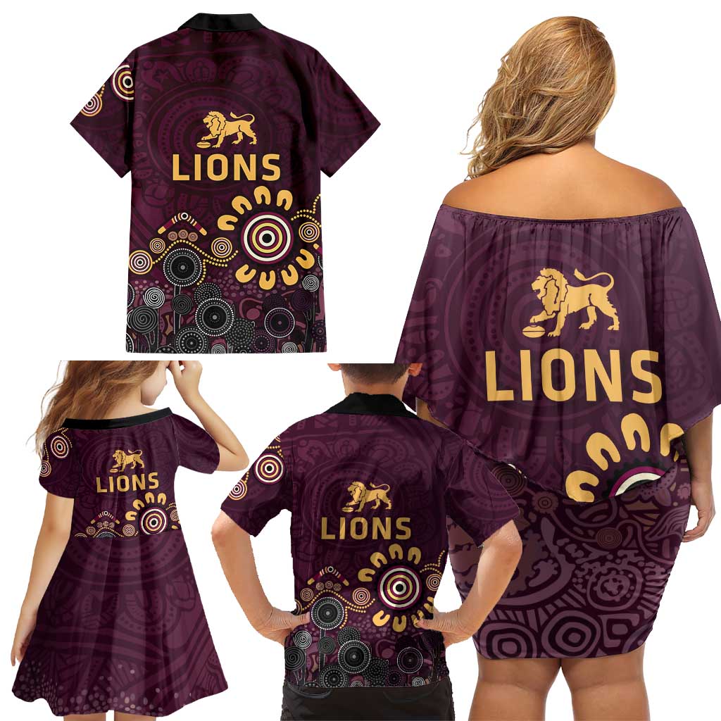 Brisbane Lions Football Family Matching Off Shoulder Short Dress and Hawaiian Shirt Aboriginal Dot and Spiral Art