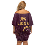 Brisbane Lions Football Family Matching Off Shoulder Short Dress and Hawaiian Shirt Aboriginal Dot and Spiral Art