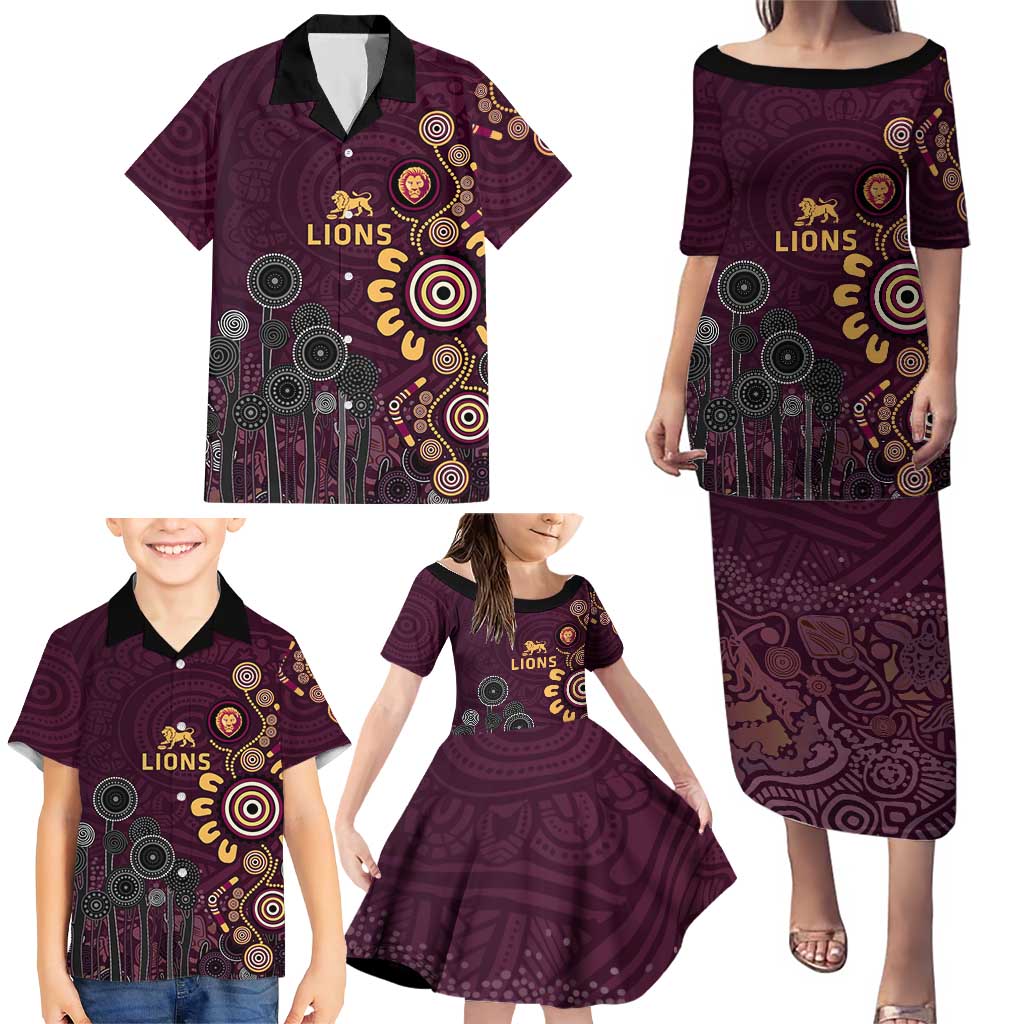 Brisbane Lions Football Family Matching Puletasi and Hawaiian Shirt Aboriginal Dot and Spiral Art