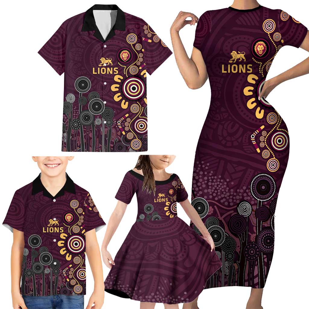Brisbane Lions Football Family Matching Short Sleeve Bodycon Dress and Hawaiian Shirt Aboriginal Dot and Spiral Art