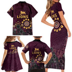 Brisbane Lions Football Family Matching Short Sleeve Bodycon Dress and Hawaiian Shirt Aboriginal Dot and Spiral Art