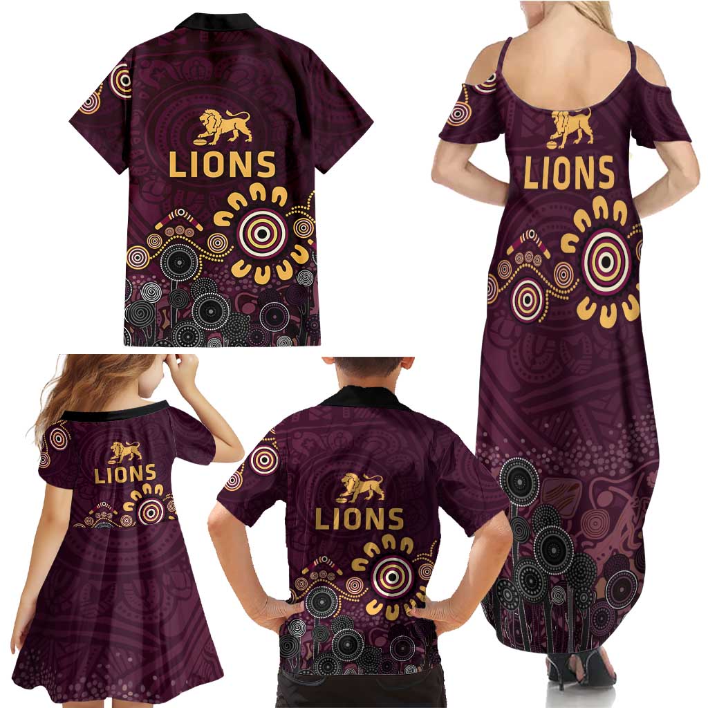 Brisbane Lions Football Family Matching Summer Maxi Dress and Hawaiian Shirt Aboriginal Dot and Spiral Art