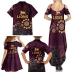 Brisbane Lions Football Family Matching Summer Maxi Dress and Hawaiian Shirt Aboriginal Dot and Spiral Art