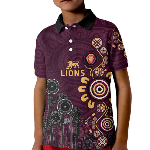 Brisbane Lions Football Kid Polo Shirt Aboriginal Dot and Spiral Art