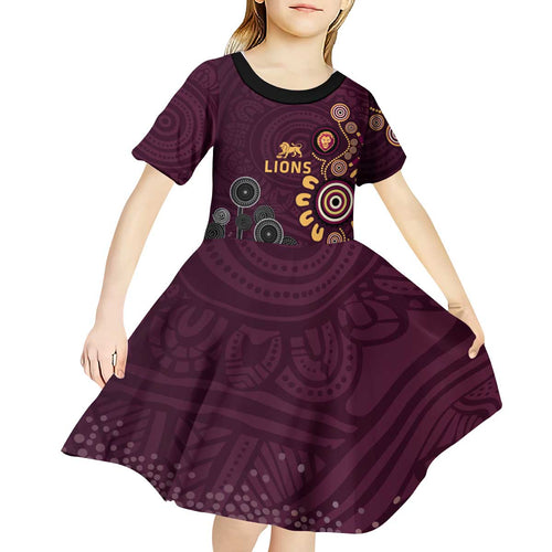 Brisbane Lions Football Kid Short Sleeve Dress Aboriginal Dot and Spiral Art