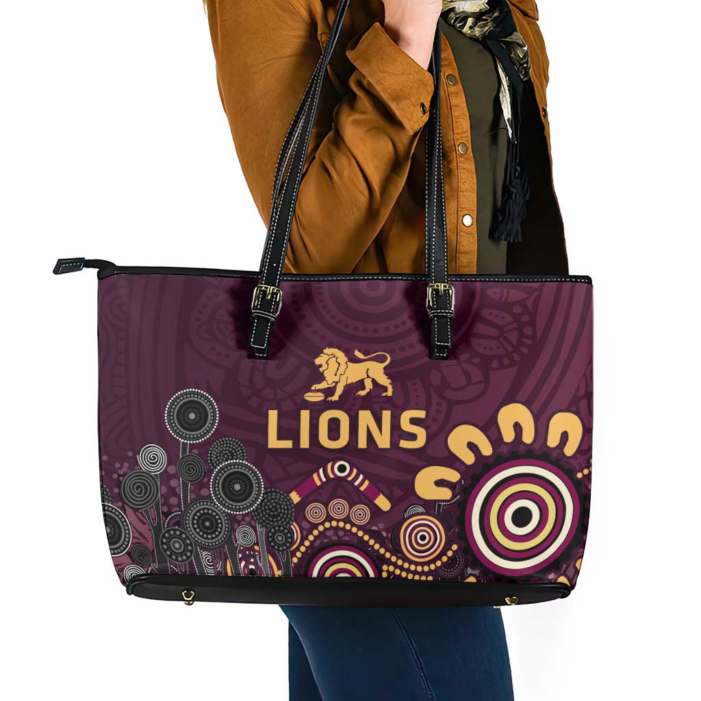 Brisbane Lions Football Leather Tote Bag Aboriginal Dot and Spiral Art