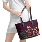 Brisbane Lions Football Leather Tote Bag Aboriginal Dot and Spiral Art
