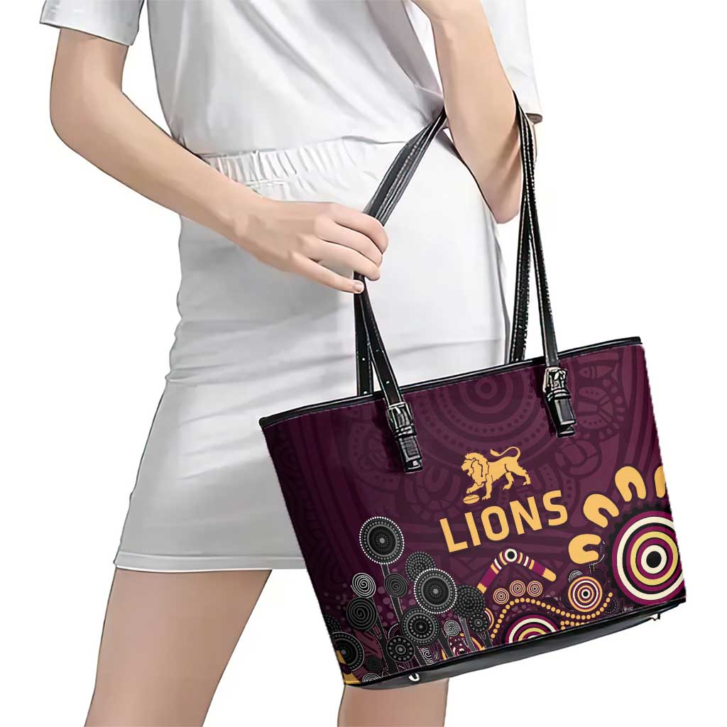 Brisbane Lions Football Leather Tote Bag Aboriginal Dot and Spiral Art