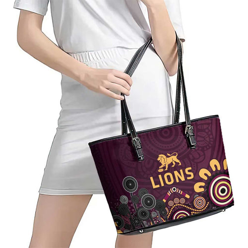 Brisbane Lions Football Leather Tote Bag Aboriginal Dot and Spiral Art