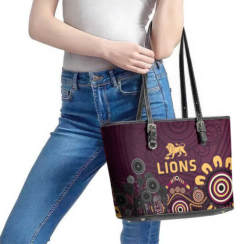 Brisbane Lions Football Leather Tote Bag Aboriginal Dot and Spiral Art