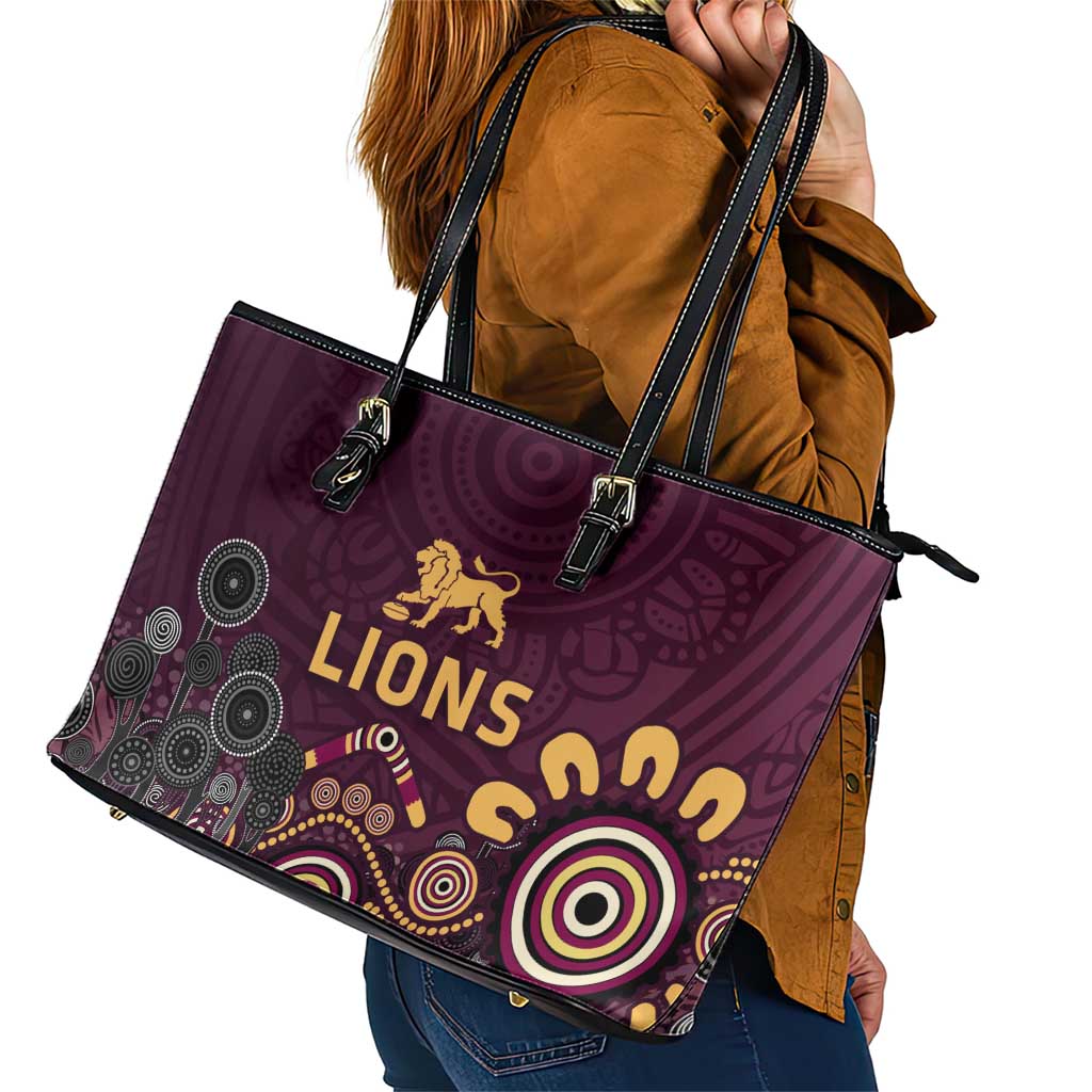 Brisbane Lions Football Leather Tote Bag Aboriginal Dot and Spiral Art