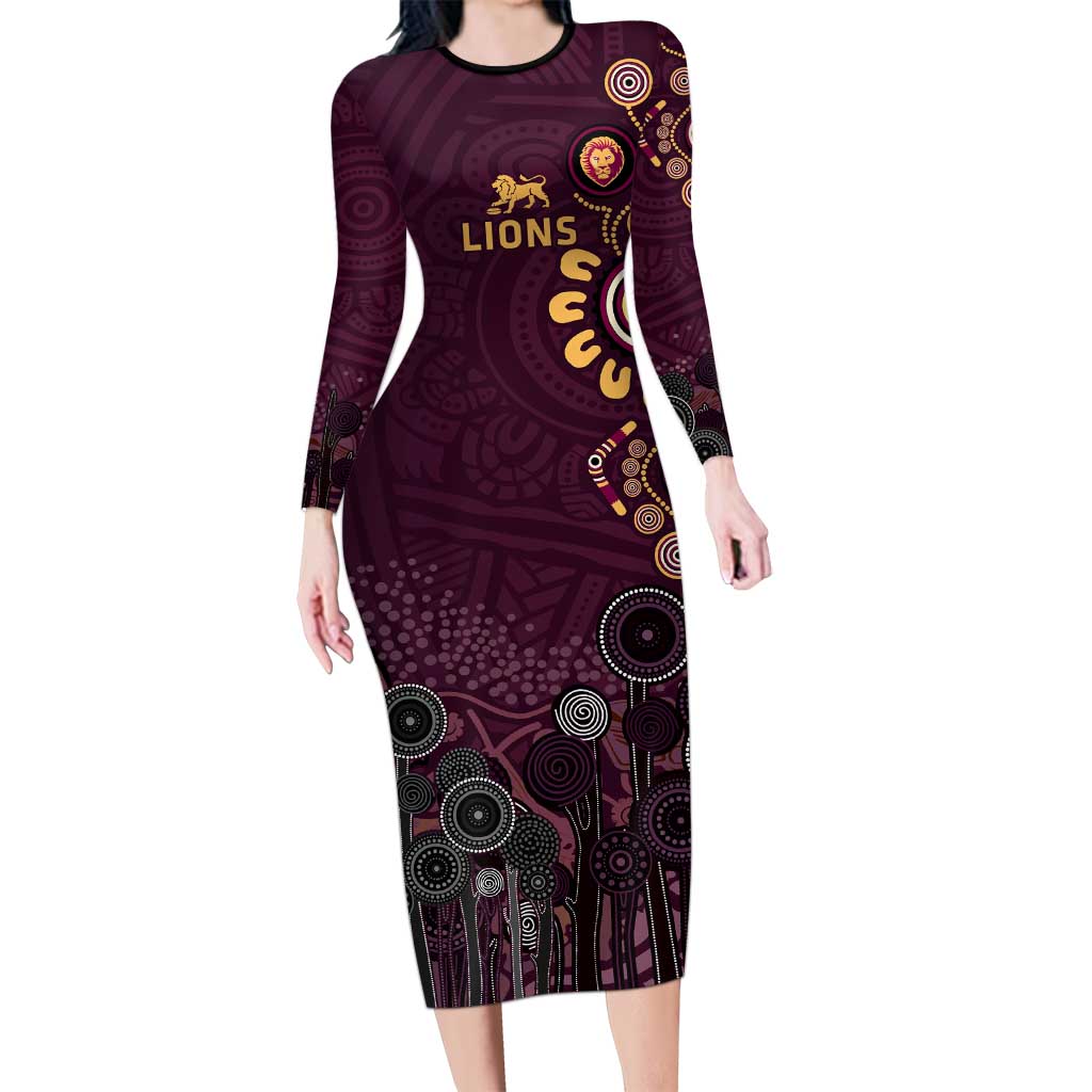 Brisbane Lions Football Long Sleeve Bodycon Dress Aboriginal Dot and Spiral Art