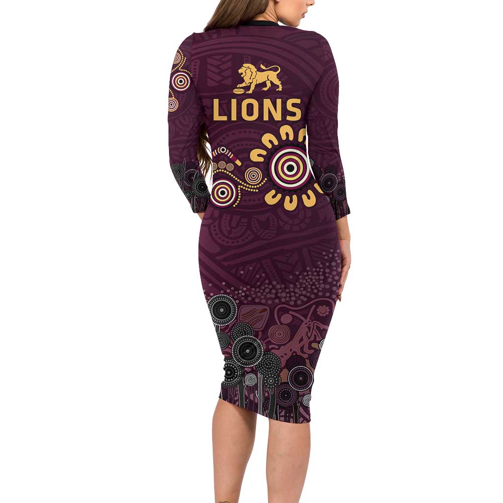 Brisbane Lions Football Long Sleeve Bodycon Dress Aboriginal Dot and Spiral Art