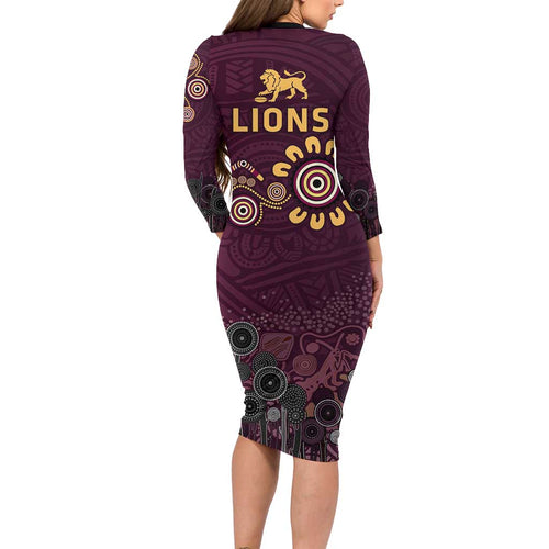 Brisbane Lions Football Long Sleeve Bodycon Dress Aboriginal Dot and Spiral Art