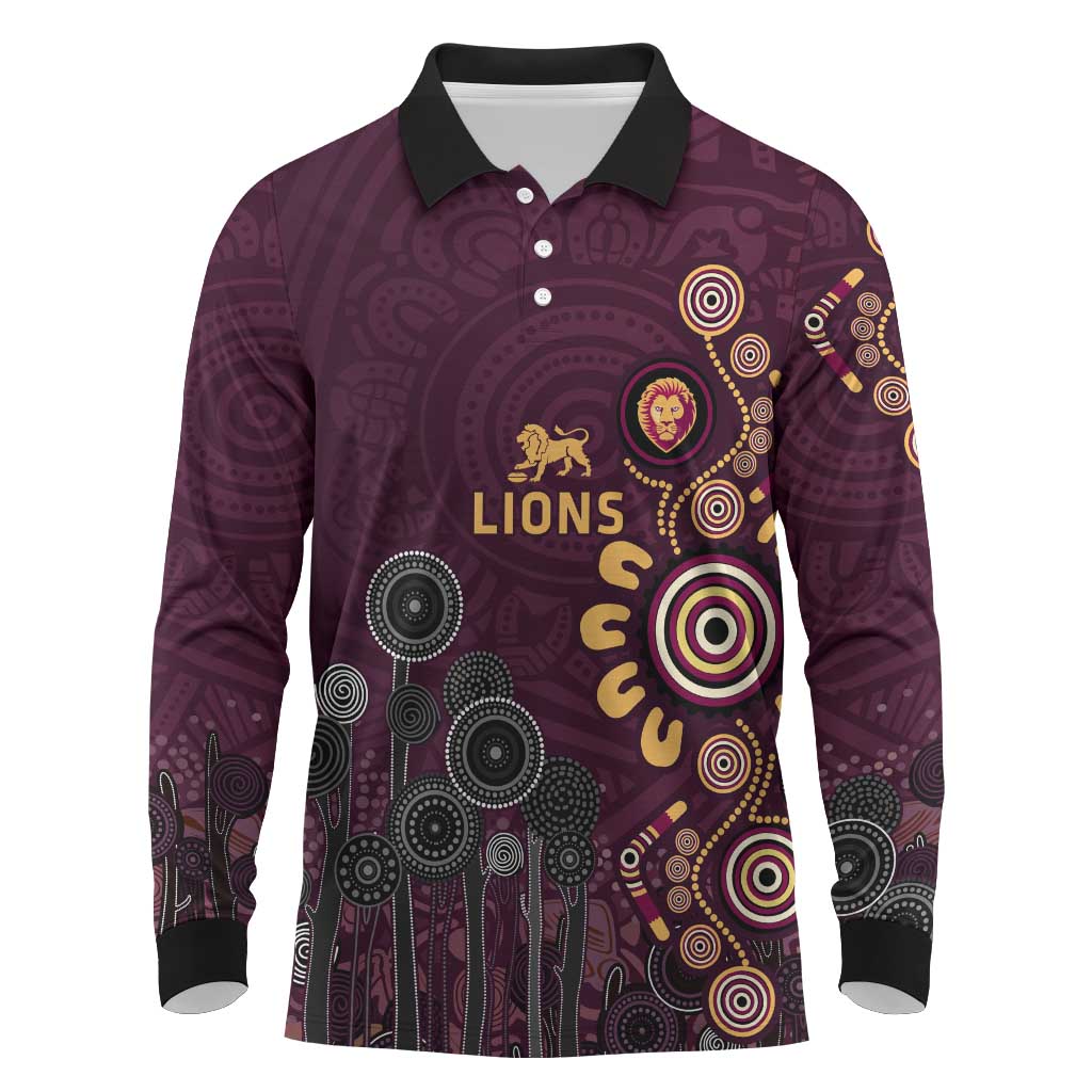 Brisbane Lions Football Long Sleeve Polo Shirt Aboriginal Dot and Spiral Art