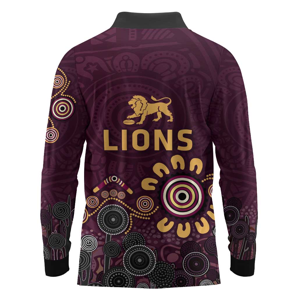 Brisbane Lions Football Long Sleeve Polo Shirt Aboriginal Dot and Spiral Art
