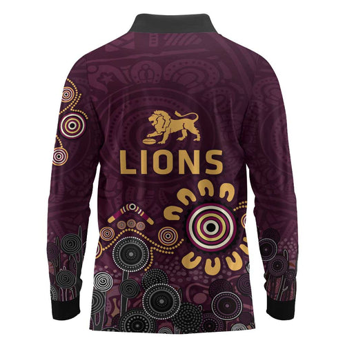 Brisbane Lions Football Long Sleeve Polo Shirt Aboriginal Dot and Spiral Art