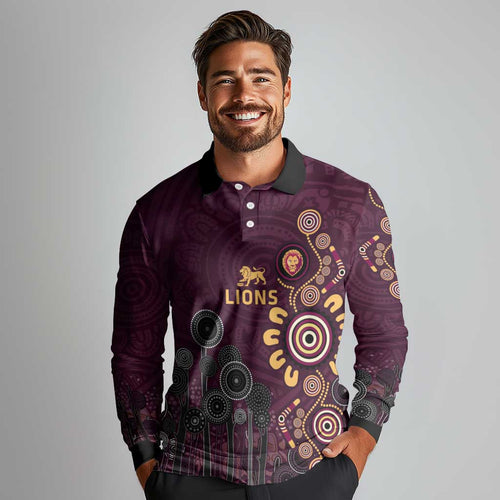 Brisbane Lions Football Long Sleeve Polo Shirt Aboriginal Dot and Spiral Art