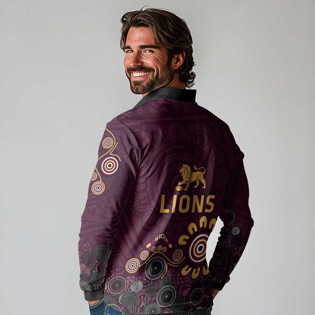 Brisbane Lions Football Long Sleeve Polo Shirt Aboriginal Dot and Spiral Art