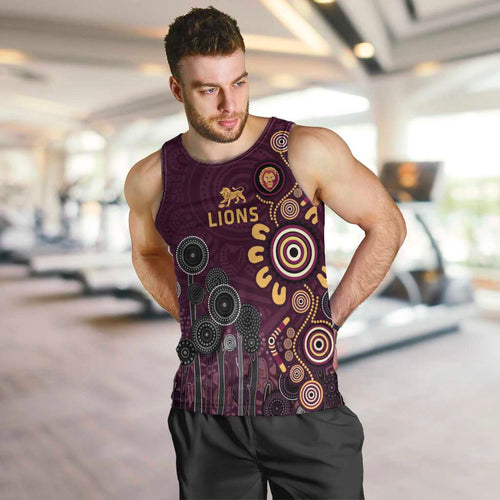 Brisbane Lions Football Men Tank Top Aboriginal Dot and Spiral Art