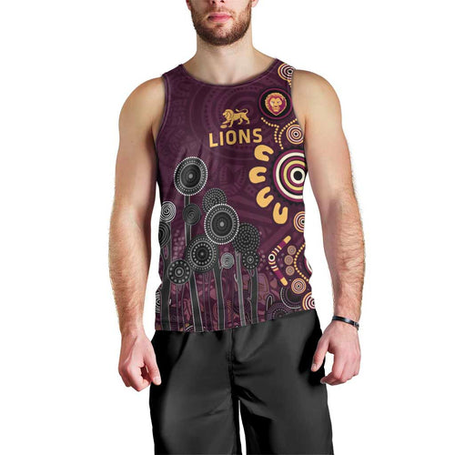 Brisbane Lions Football Men Tank Top Aboriginal Dot and Spiral Art