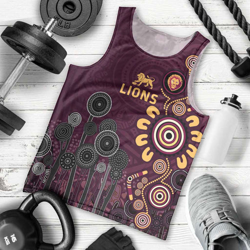 Brisbane Lions Football Men Tank Top Aboriginal Dot and Spiral Art