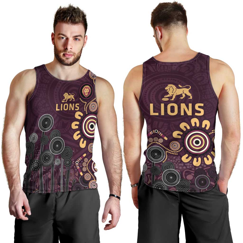 Brisbane Lions Football Men Tank Top Aboriginal Dot and Spiral Art
