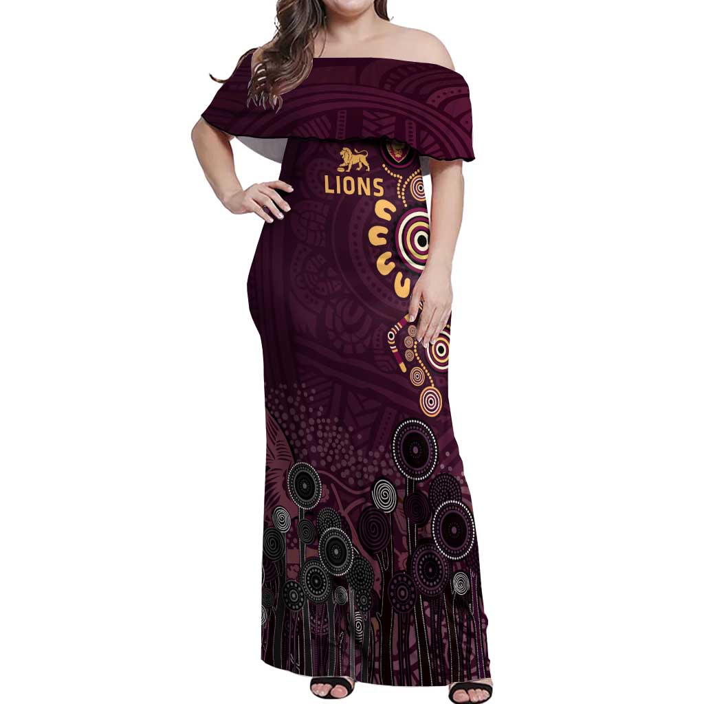 Brisbane Lions Football Off Shoulder Maxi Dress Aboriginal Dot and Spiral Art