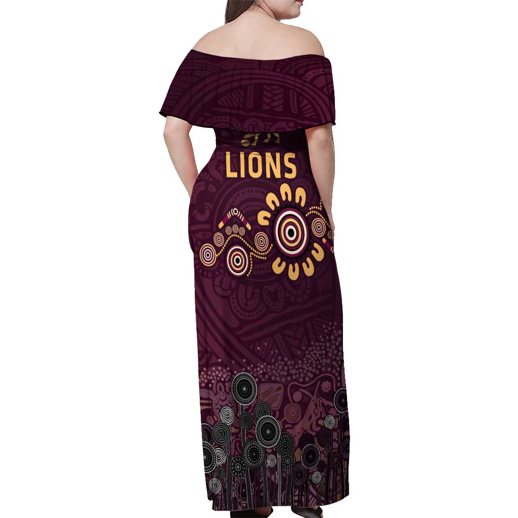 Brisbane Lions Football Off Shoulder Maxi Dress Aboriginal Dot and Spiral Art